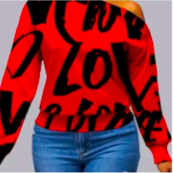 Red & Black “Love” Print Off-Shoulder Long Sleeve Shirt, NWOT - Picture 1 of 5